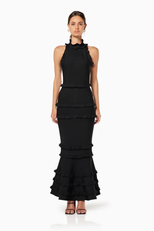 Theatrical Fitted Maxi Gown In Black made by Elliatt