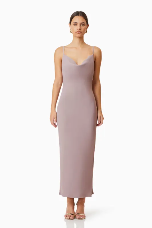 Kenna Cowl Neck Midi Dress In Beige sold by Elliatt