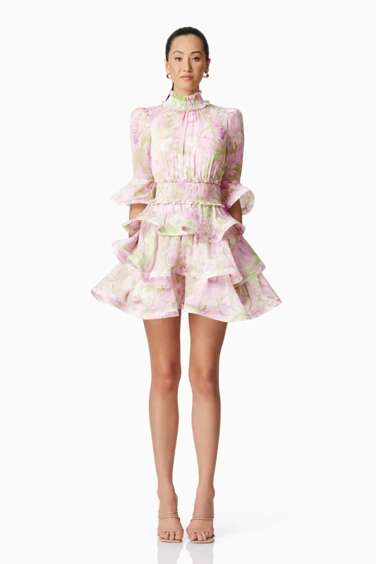 Morgan Floral Tiered Mini Dress in Pink sold by Elliatt