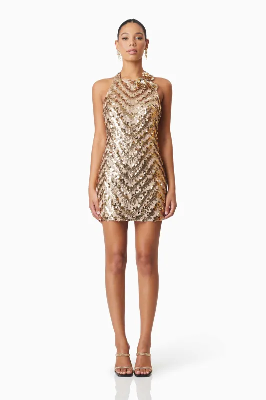Alisha Sequin Party Mini Dress in Gold sold by Elliatt