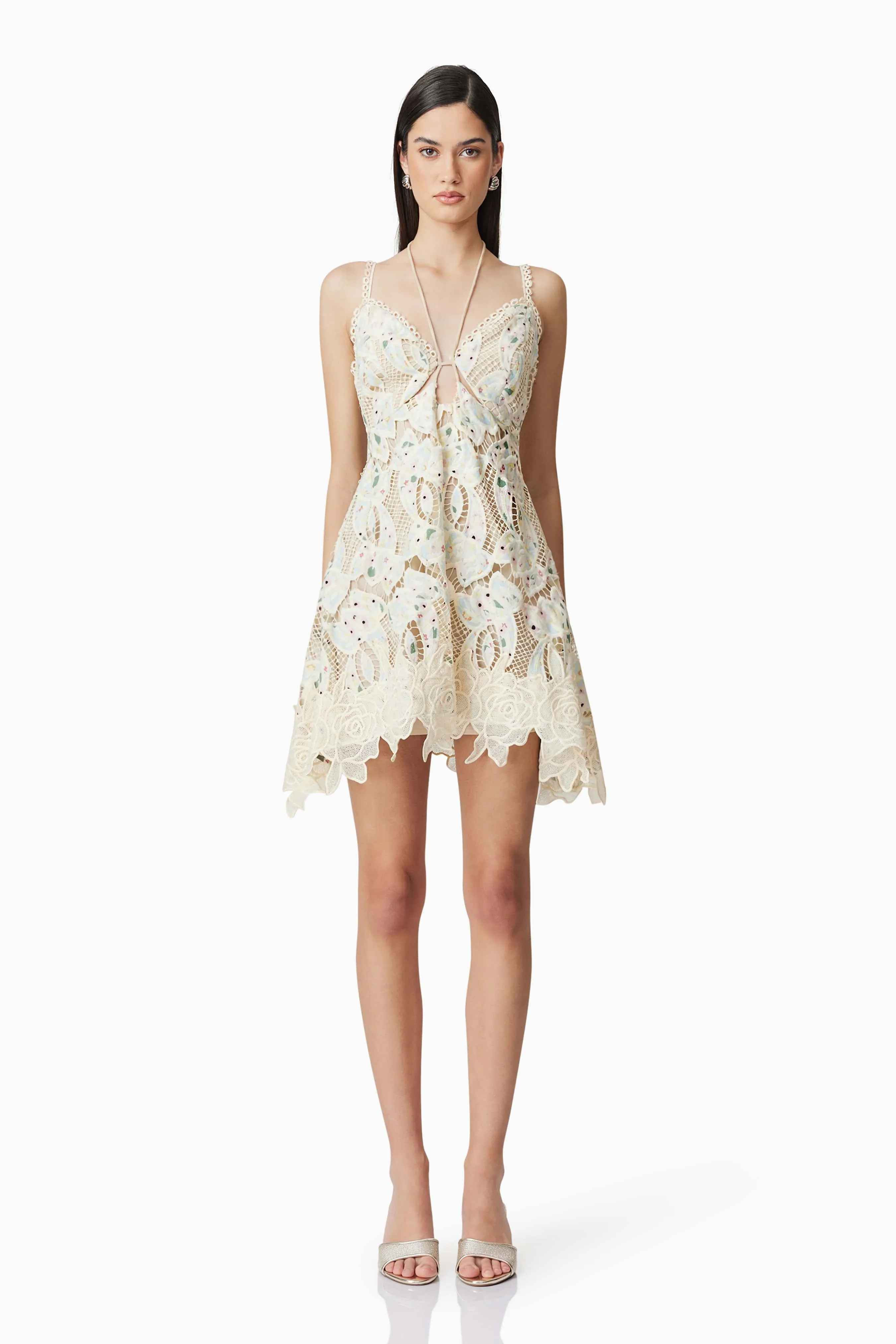 Kyla Floral Mini Halter Dress in White sold by Elliatt