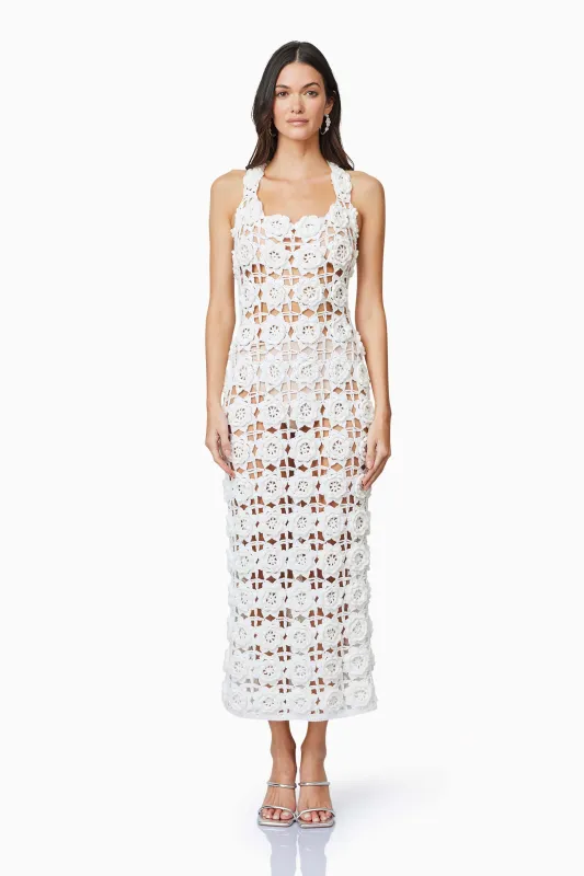 Elise Crochet Midi Dress in White sold by Elliatt