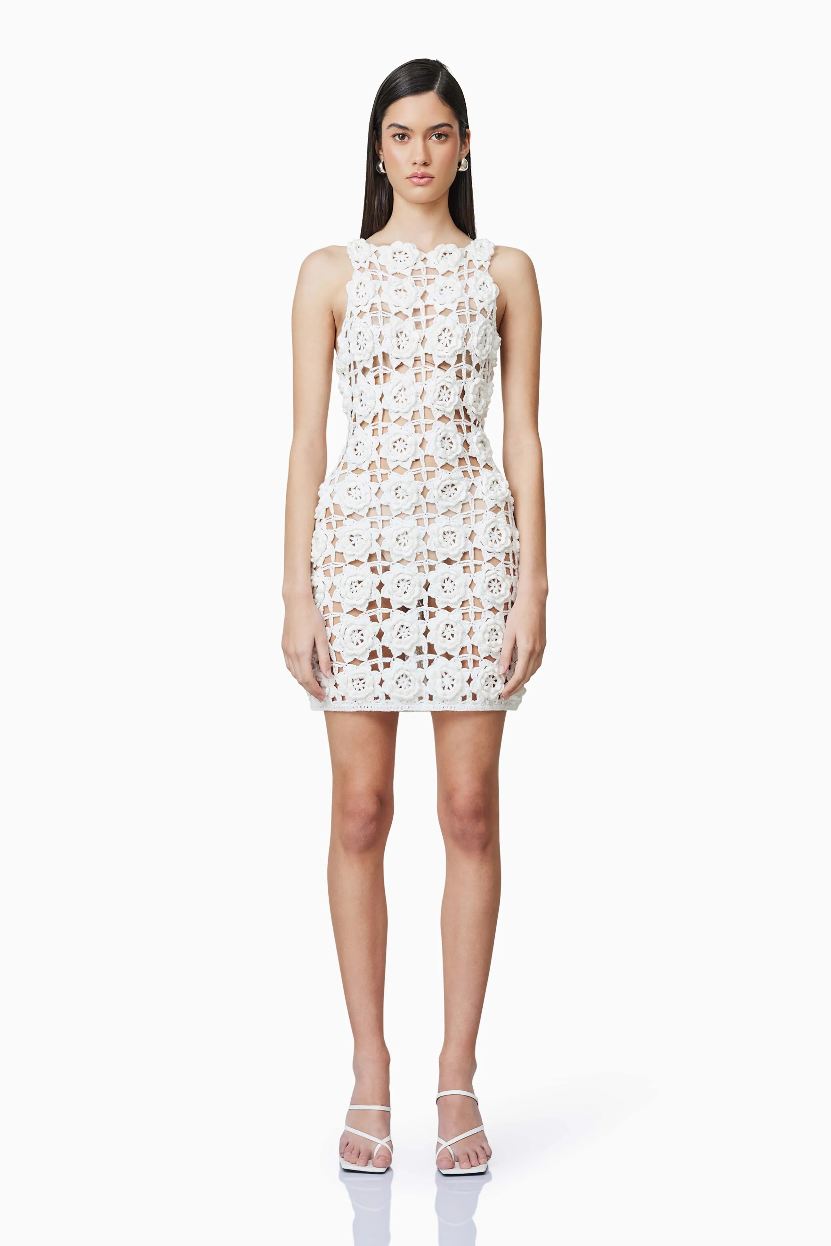 Elise Crochet Mini Dress in White sold by Elliatt