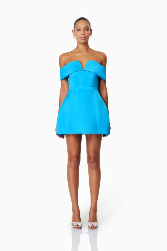 Alice Off Shoulder Mini Party Dress in Blue sold by Elliatt