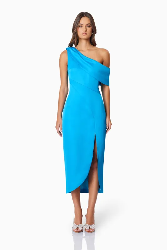 Alice Cocktail One Shoulder Midi Dress in Blue sold by Elliatt