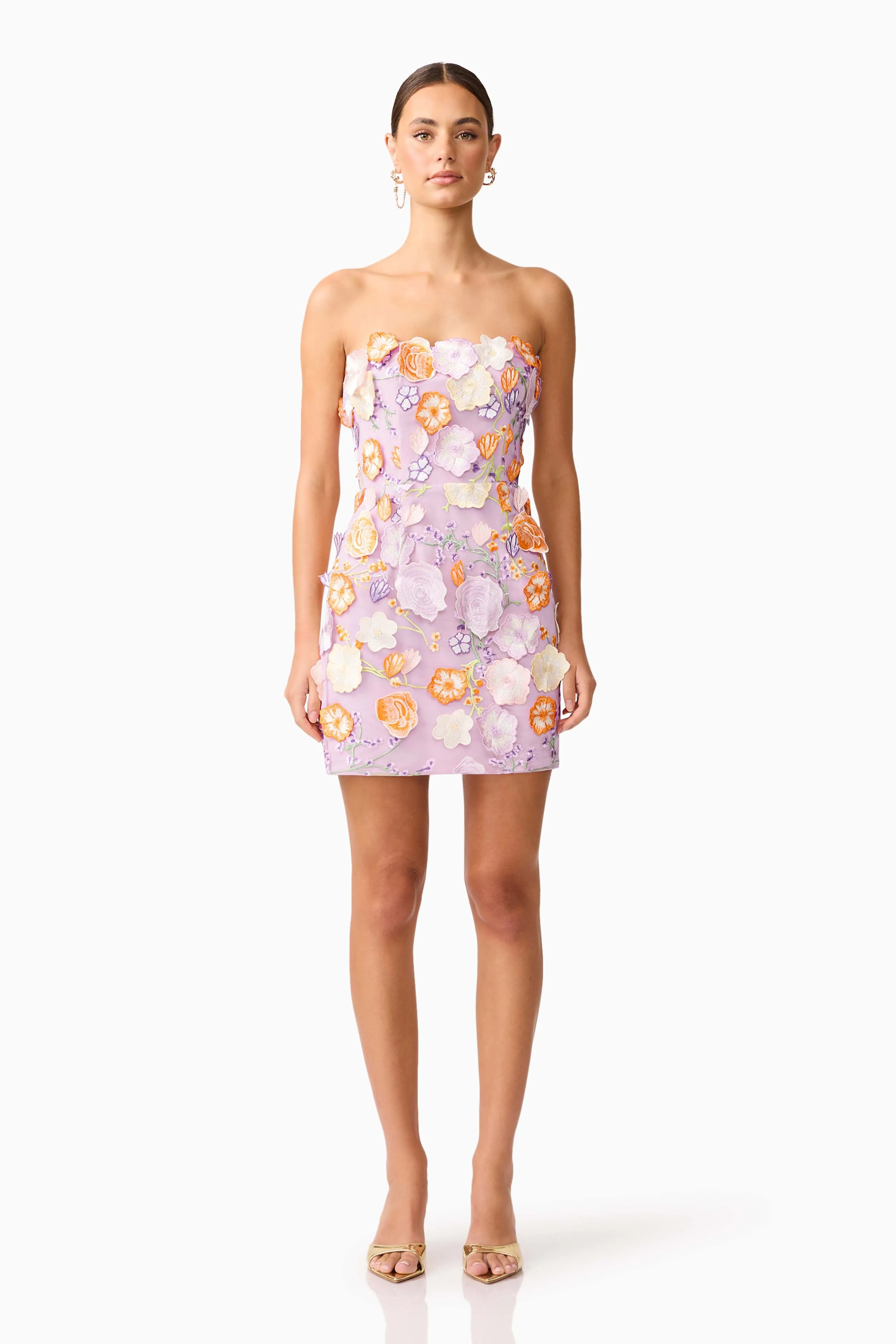 Arabella Strapless Floral Mini Dress in Orange & Purple sold by Elliatt