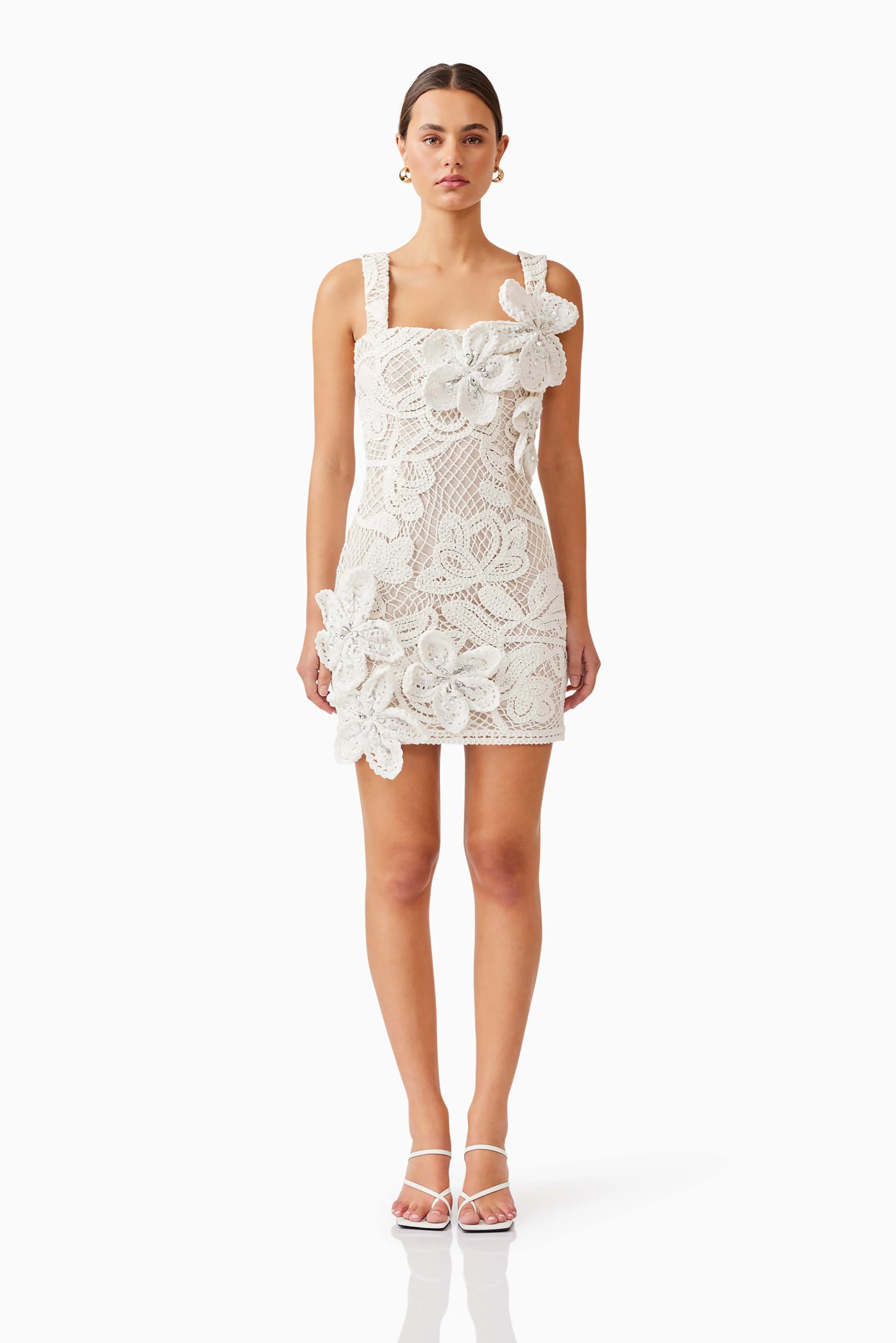 Kyra Crochet Mini Dress in White sold by Elliatt