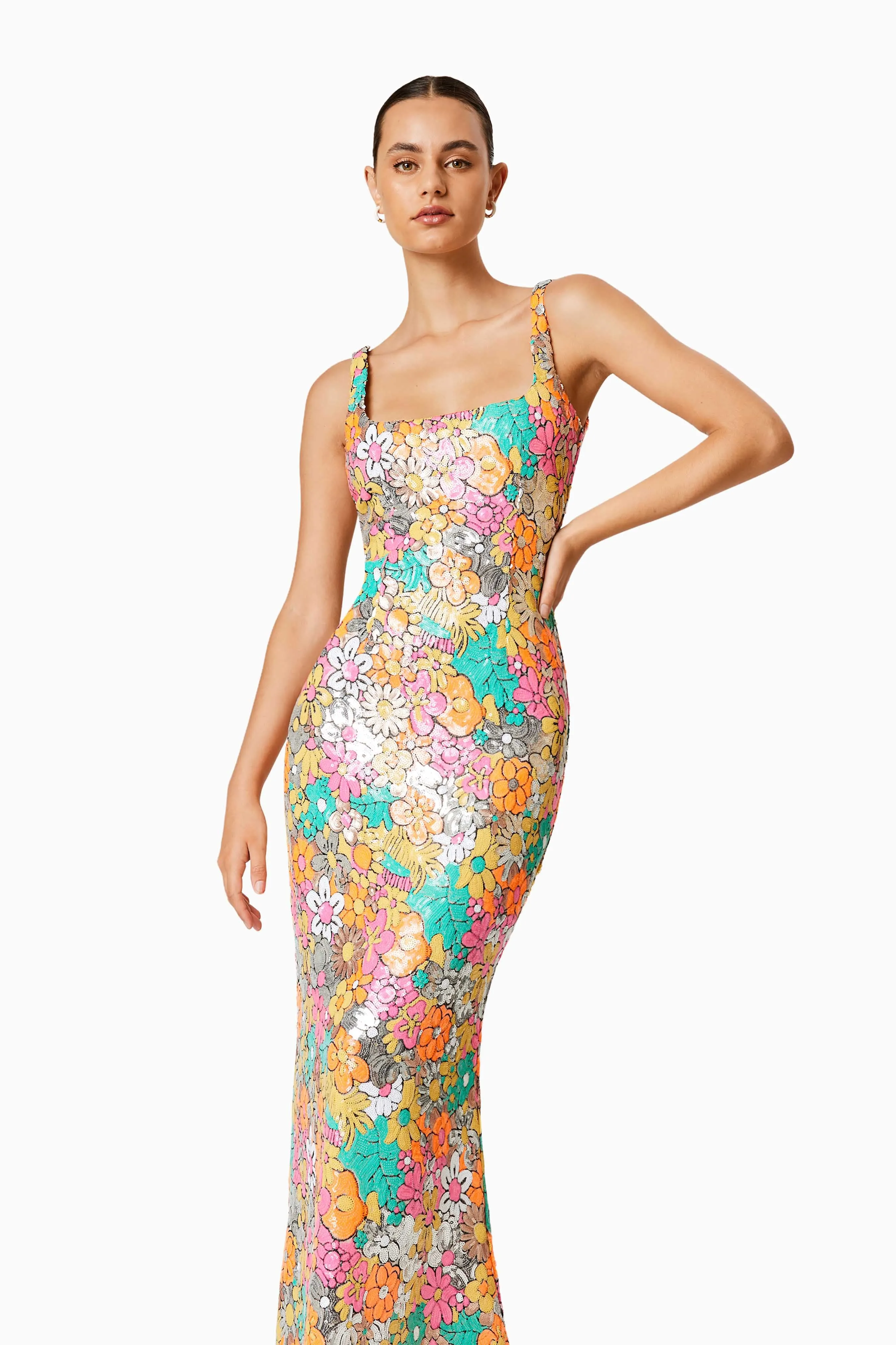 Tiki Floral Sequin Fitted Maxi Dress In Florals sold by Elliatt product image thumbnail 2