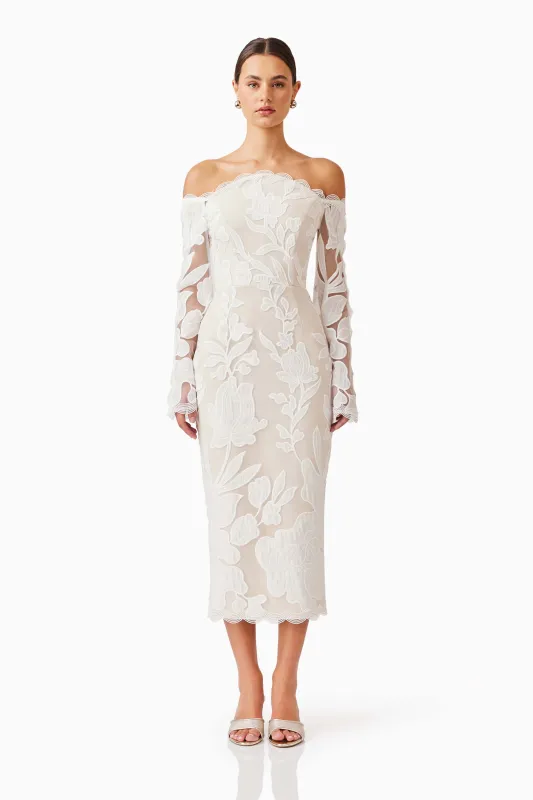 Florian Lace Midi Dress in White sold by Elliatt