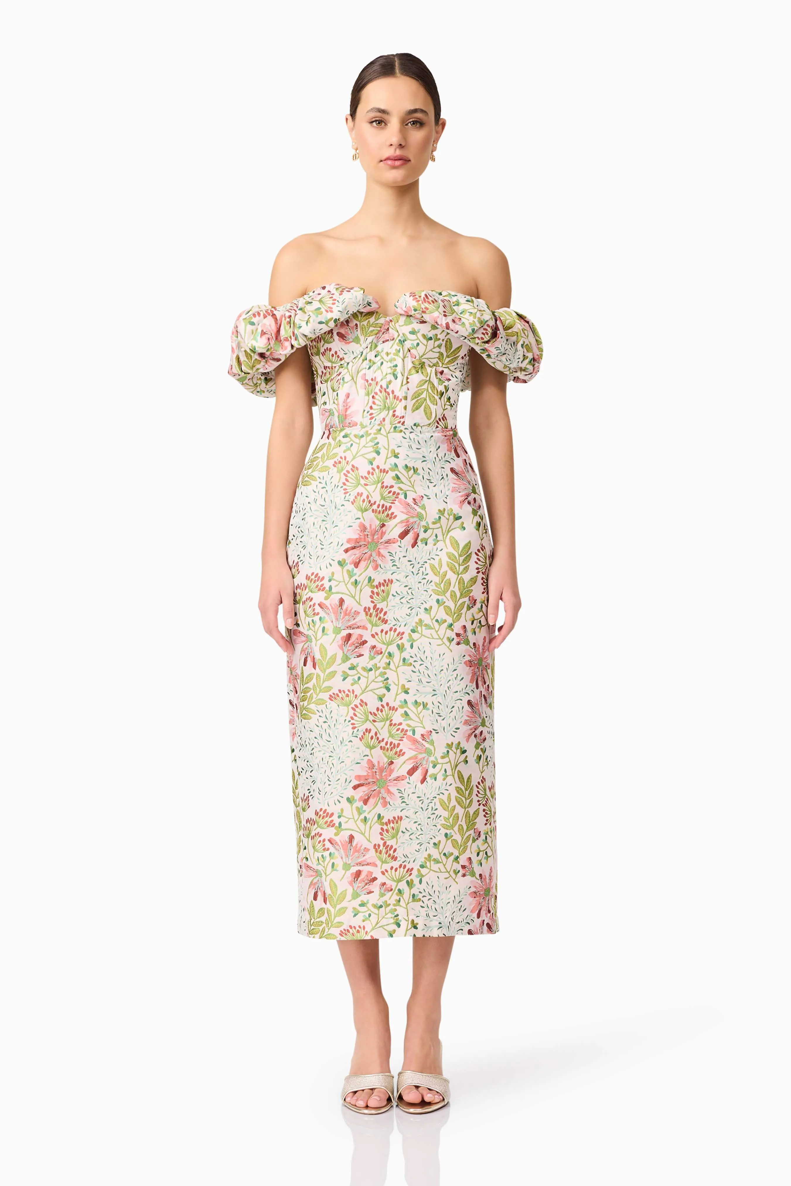 Calaantha Off The Shoulder Midi Dress in Floral sold by Elliatt