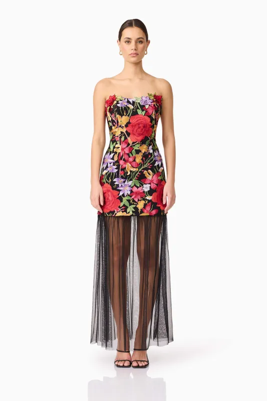 Talia Strapless Maxi Dress in Black Floral sold by Elliatt