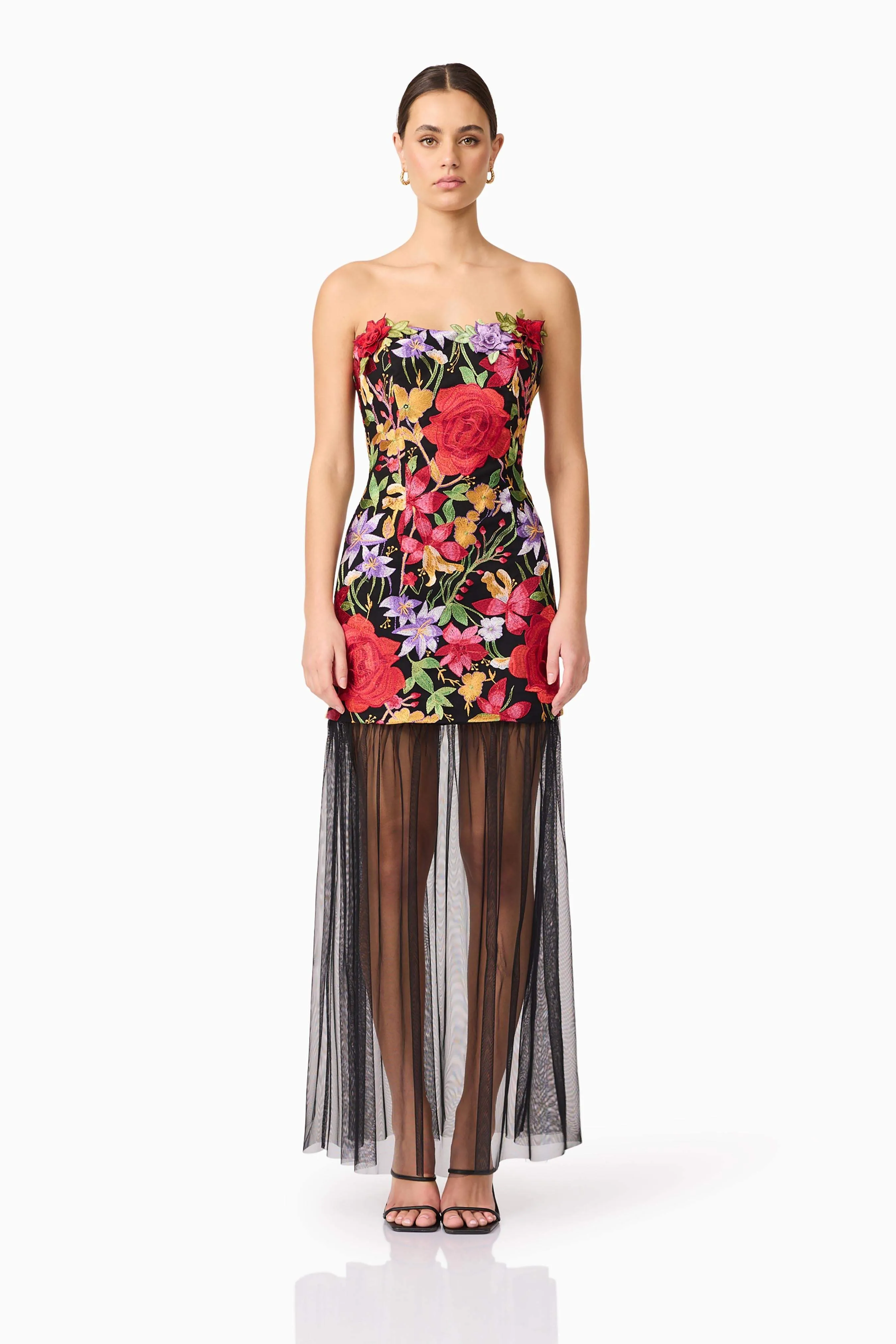 Talia Strapless Maxi Dress in Black Floral sold by Elliatt