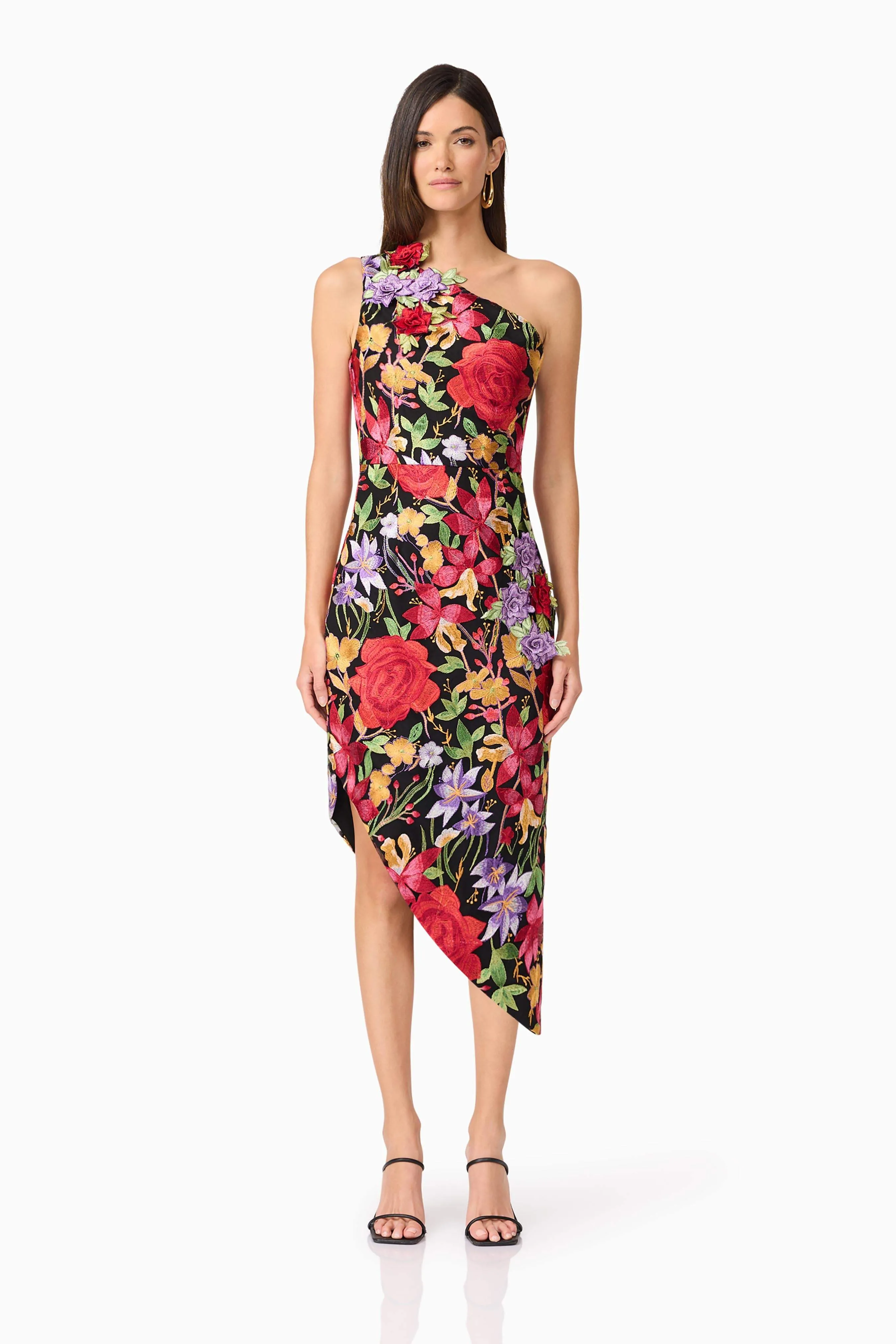 Talia Asymmetrical Midi Dress in Black Floral sold by Elliatt