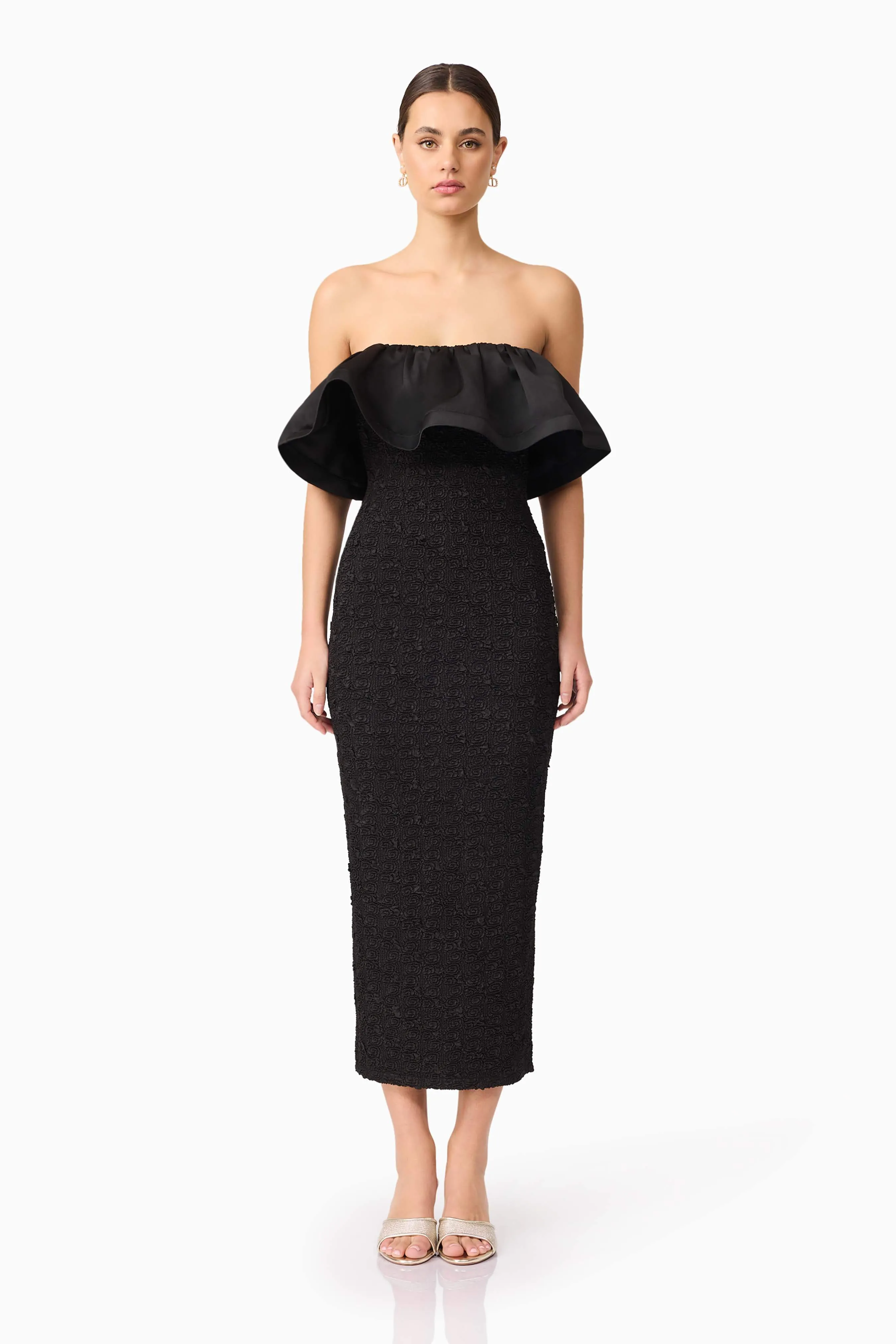 Dandelione Strapless Midi Dress in Black sold by Elliatt