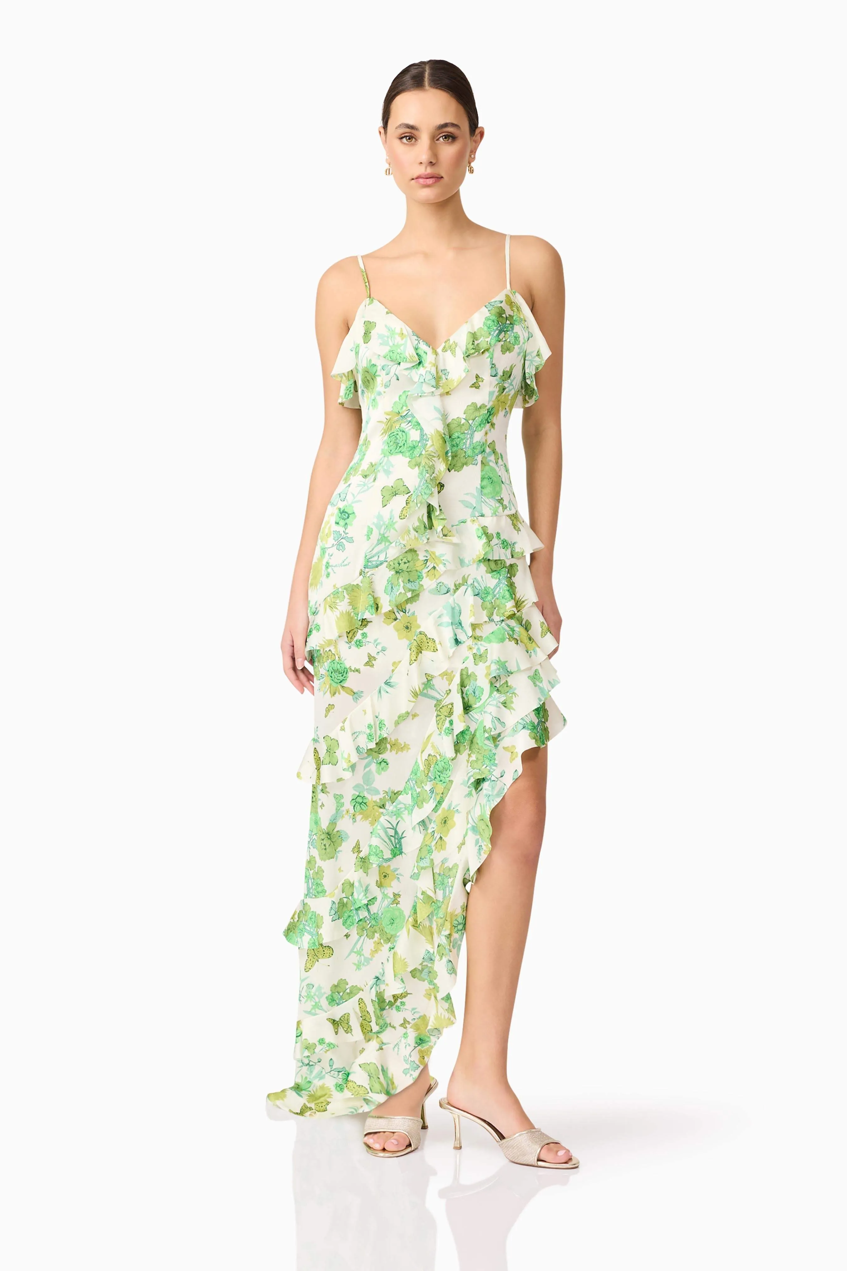 Tess Floral Asymmetrical Maxi Dress in Green sold by Elliatt product image thumbnail 4