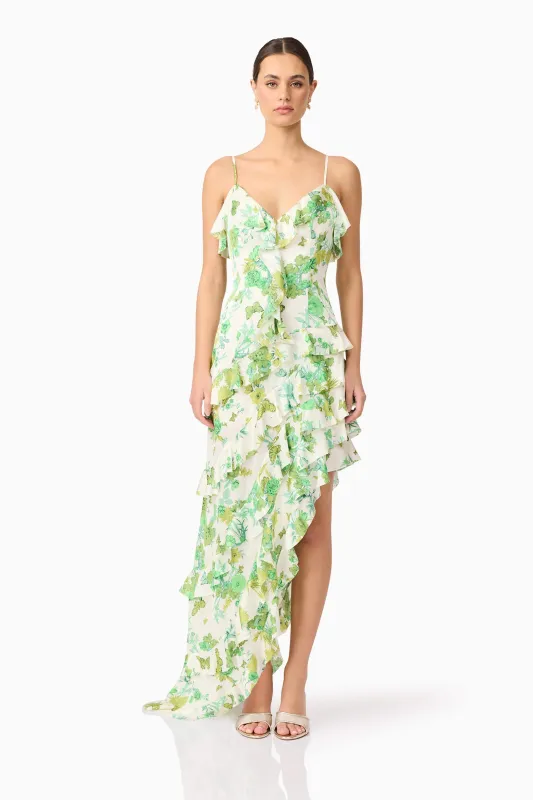 Tess Floral Asymmetrical Maxi Dress in Green sold by Elliatt