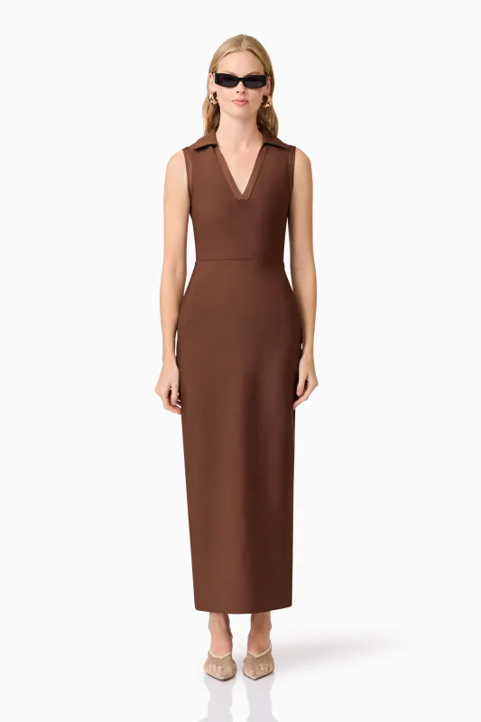 CURAAE Khloe Crepe Knit Midi Dress in Brown sold by Elliatt