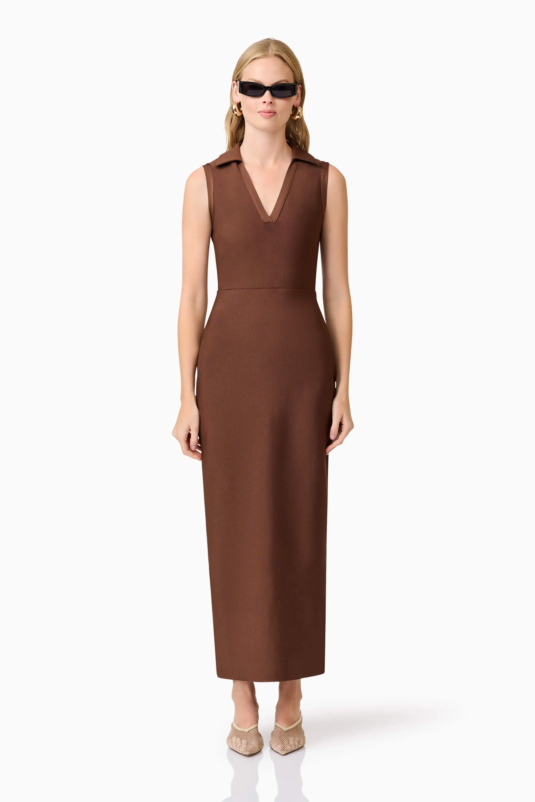 CURAAE Khloe Crepe Knit Midi Dress in Brown sold by Elliatt