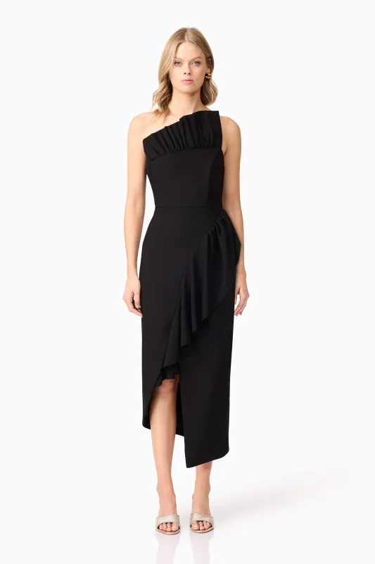 Ava Asymmetrical Midi Dress in Black sold by Elliatt
