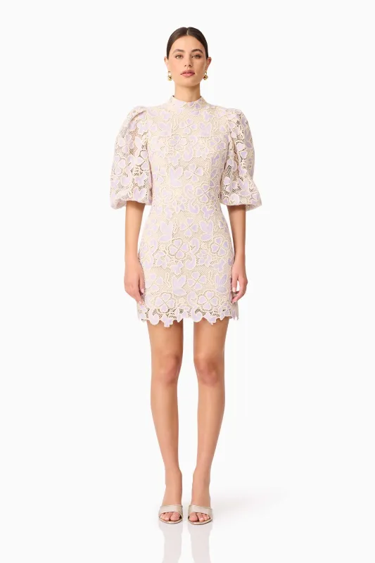 Jasmine Puff Sleeve Mini Dress in Purple & Beige sold by Elliatt