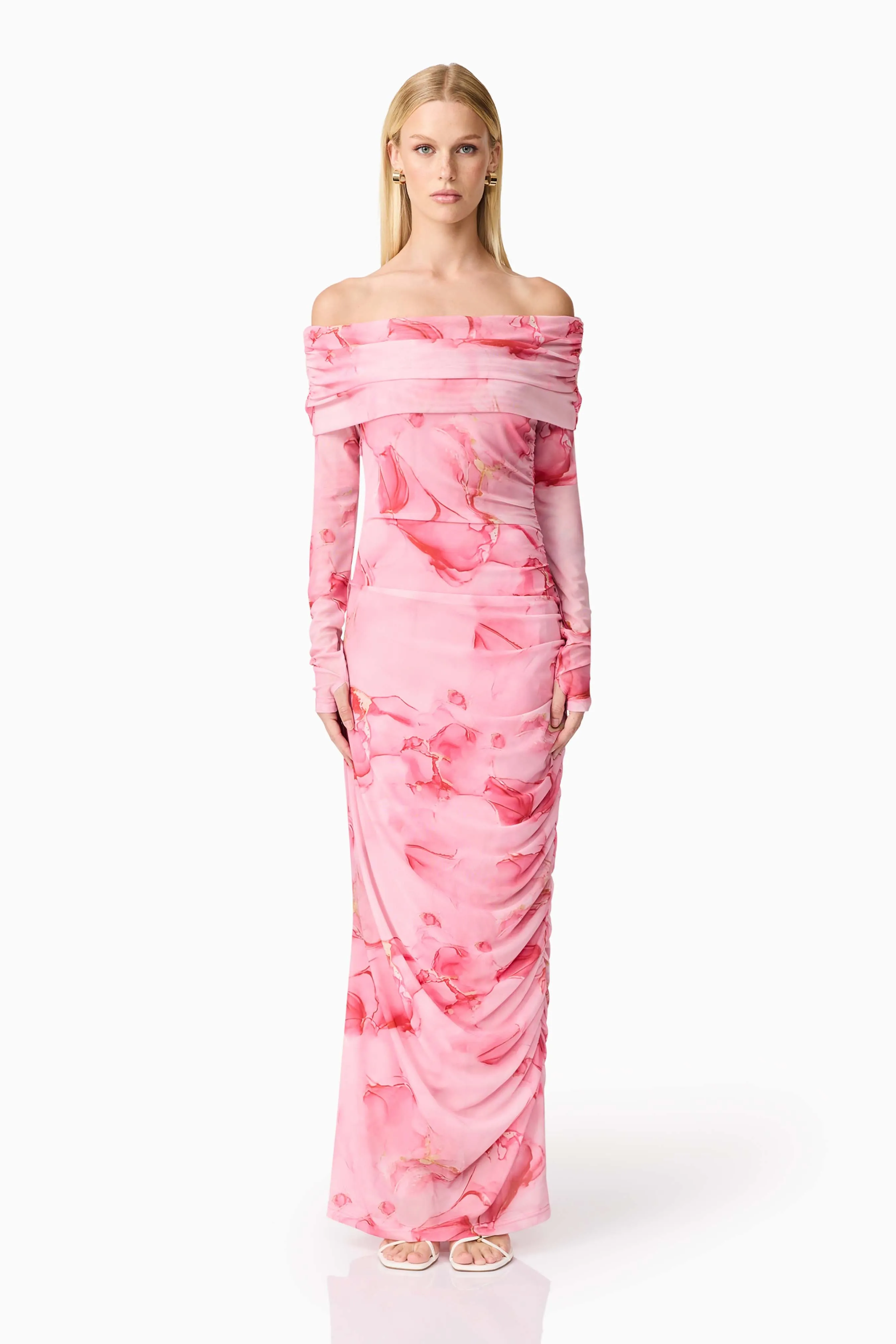 CURAAE Rosalia Off The Shoulder Maxi Dress in Pink Floral sold by Elliatt