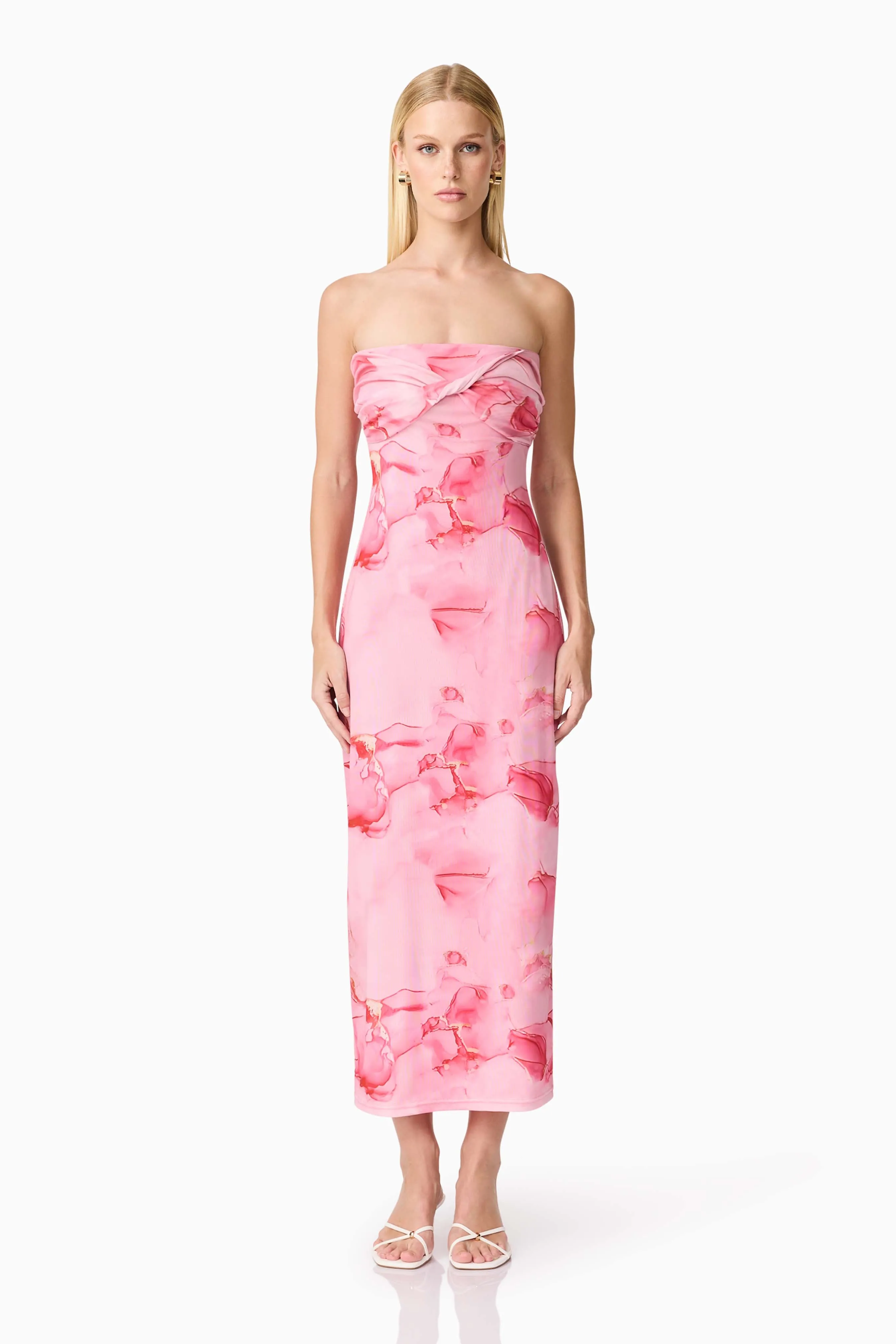 CURAAE Rosalia Strapless Midi Dress in Pink Floral sold by Elliatt
