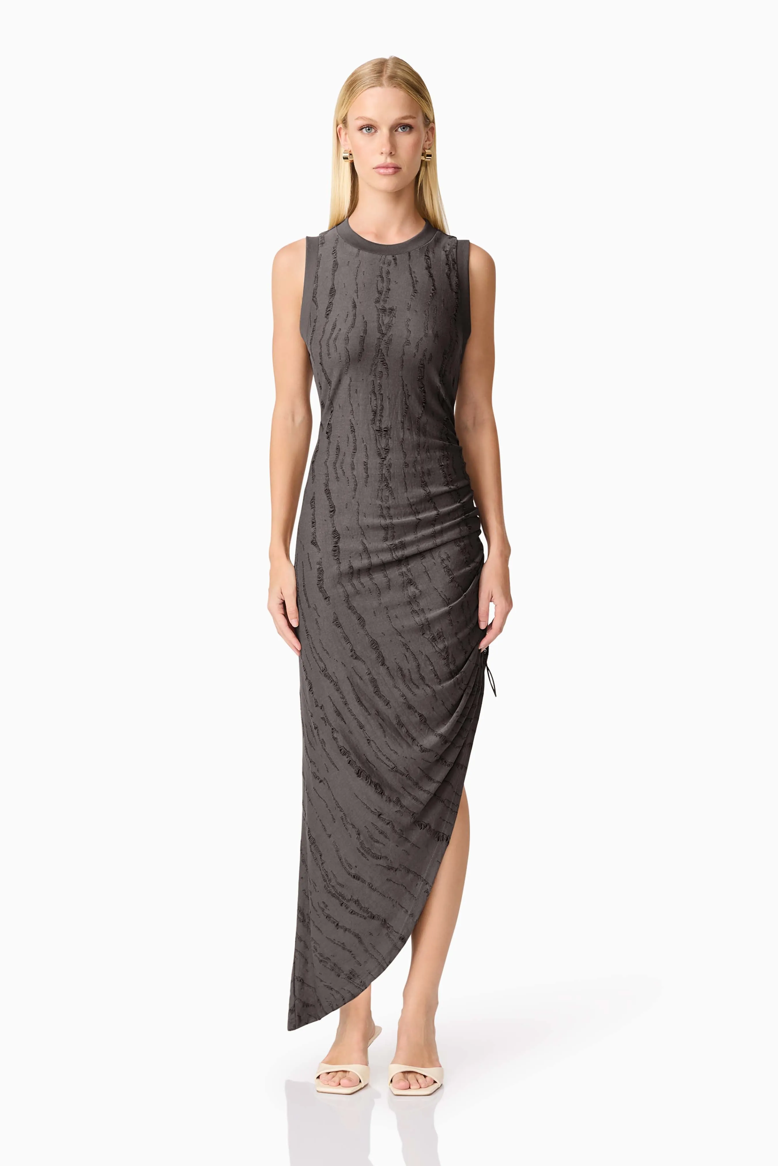 CURAAE Lavania Asymmetrical Midi Dress in Grey sold by Elliatt