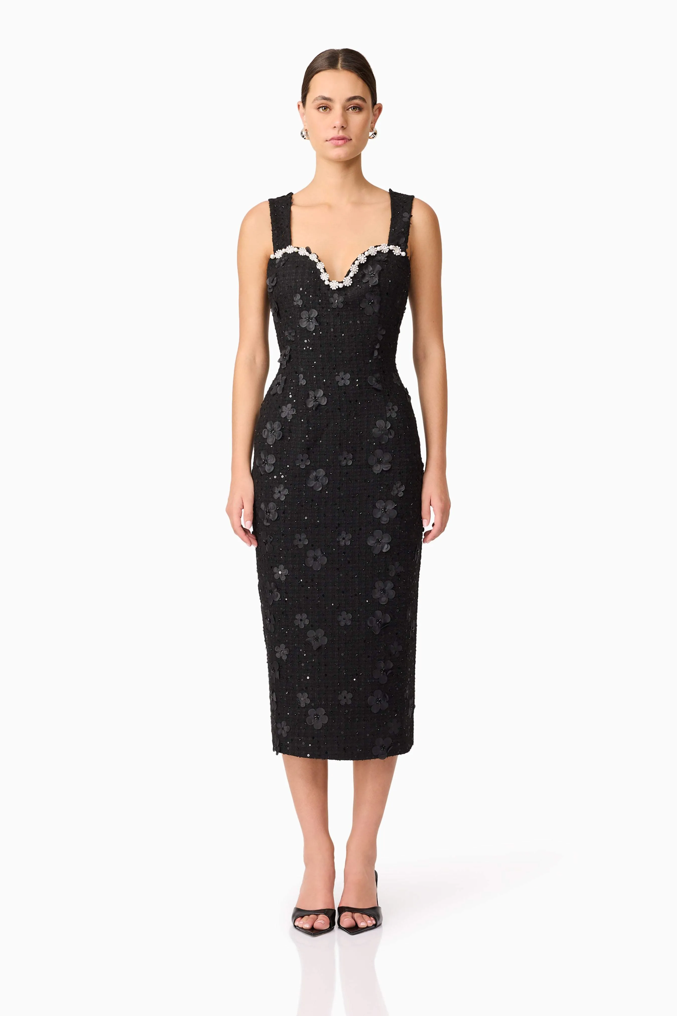 Ellouise Embellished Tweed Midi Dress in Black sold by Elliatt