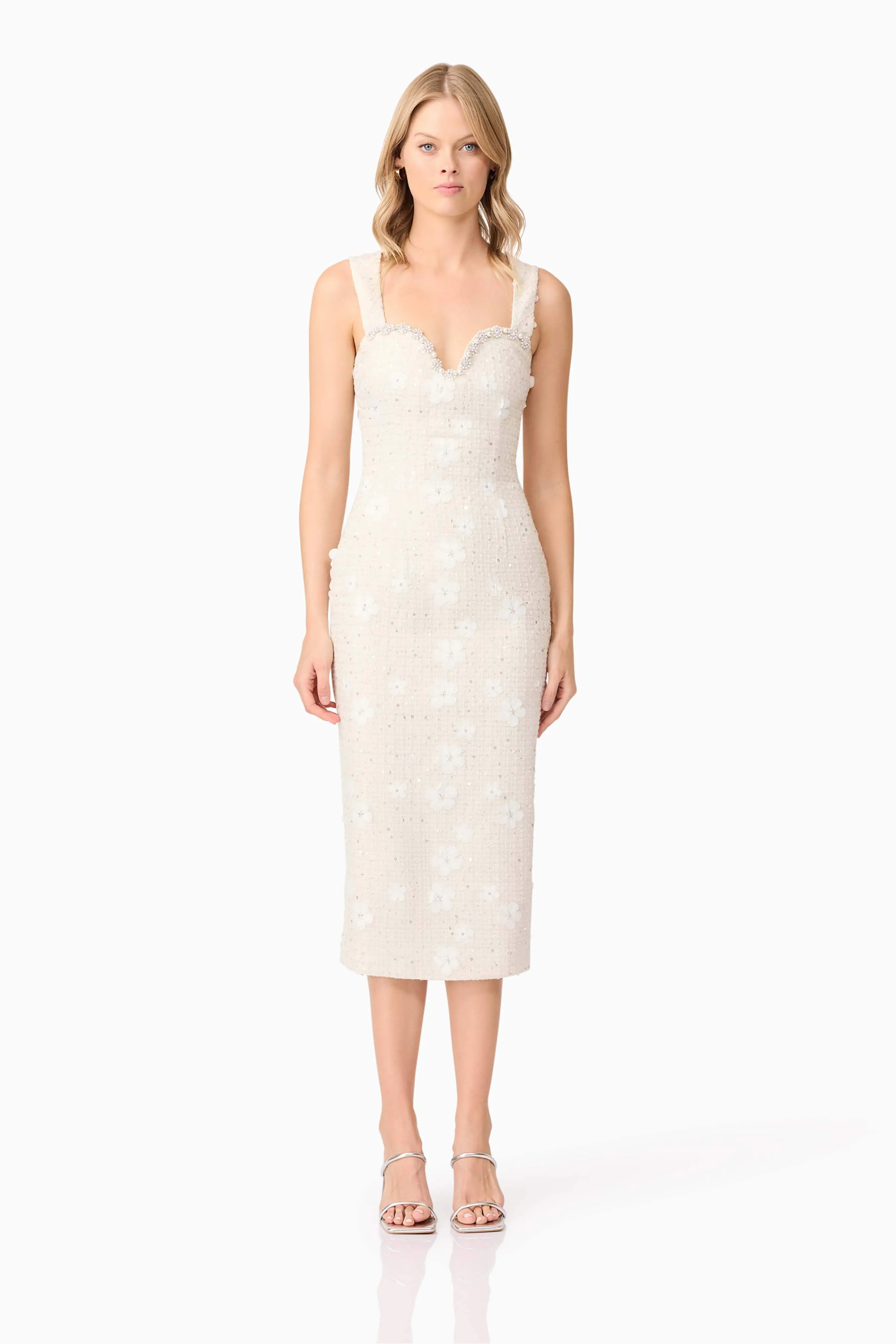 Ellouise Embellished Tweed Midi Dress in White sold by Elliatt