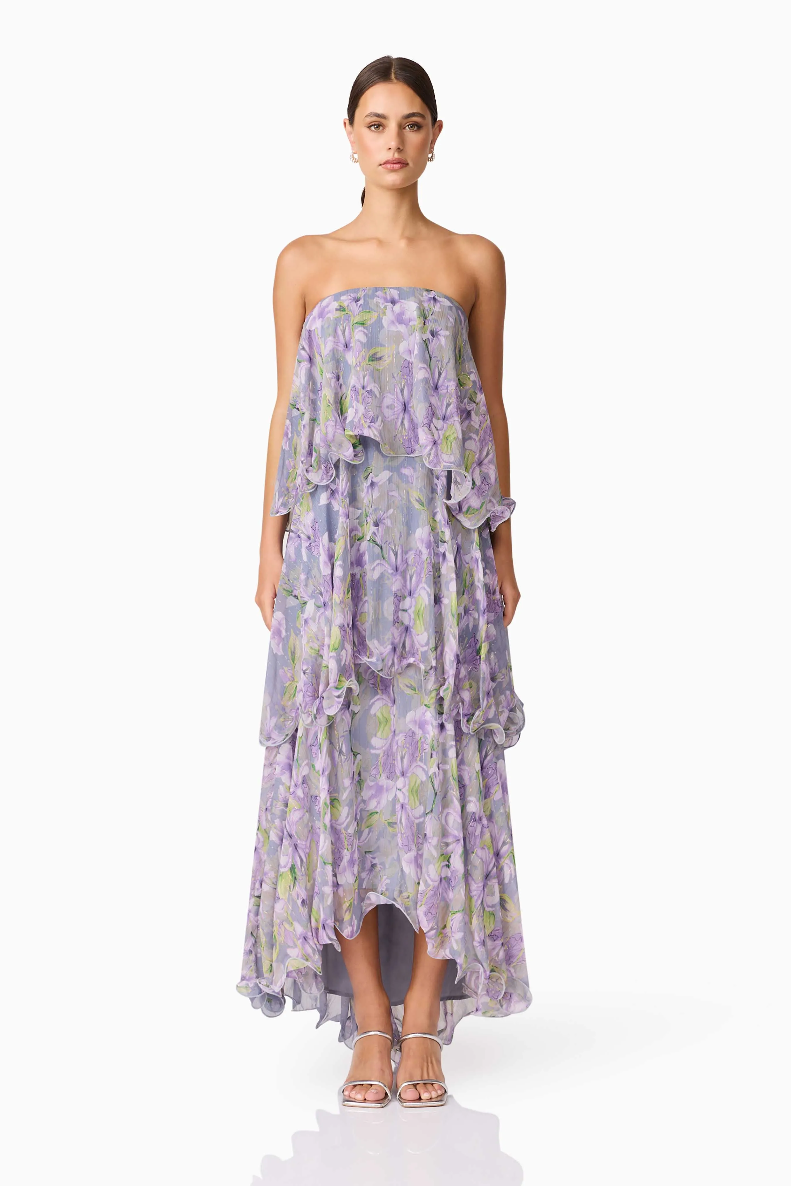 Milena Strapless Maxi Dress in Purple Floral sold by Elliatt