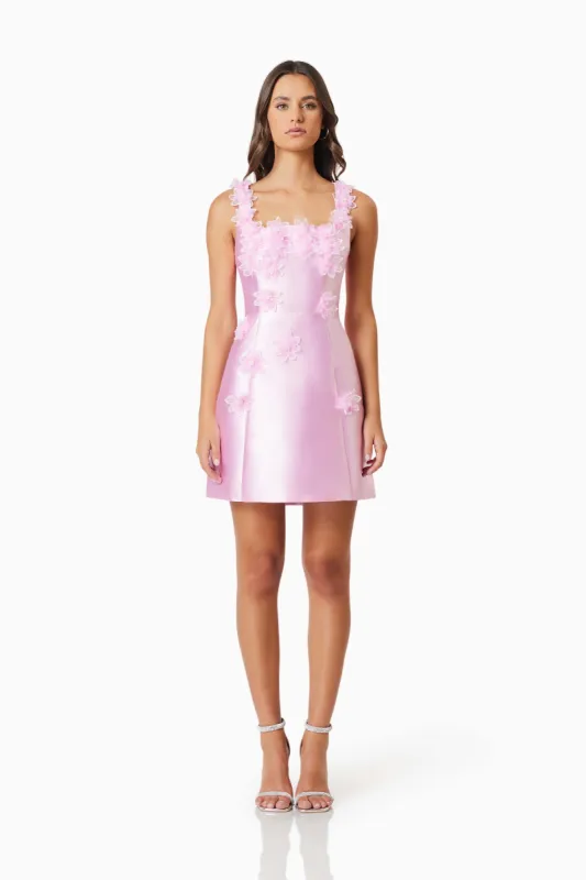 Elder Floral Decal Applique Mini Dress In Pink sold by Elliatt