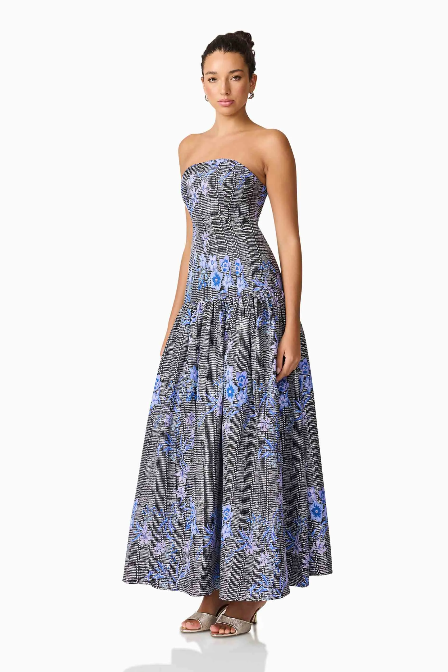 Allana Jacquard Strapless Gown in Black & Blue Floral sold by Elliatt product image thumbnail 3
