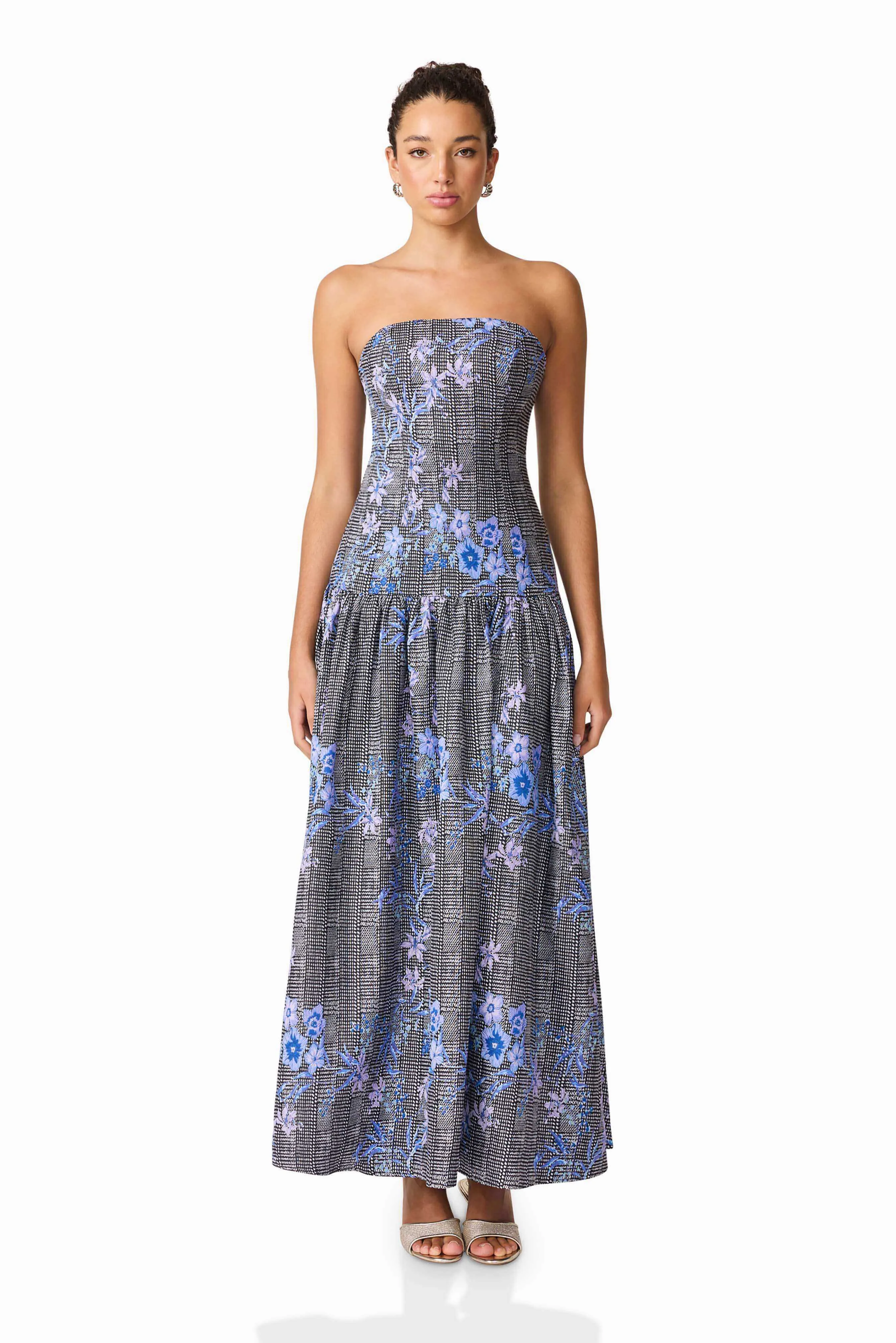 Allana Jacquard Strapless Gown in Black & Blue Floral sold by Elliatt