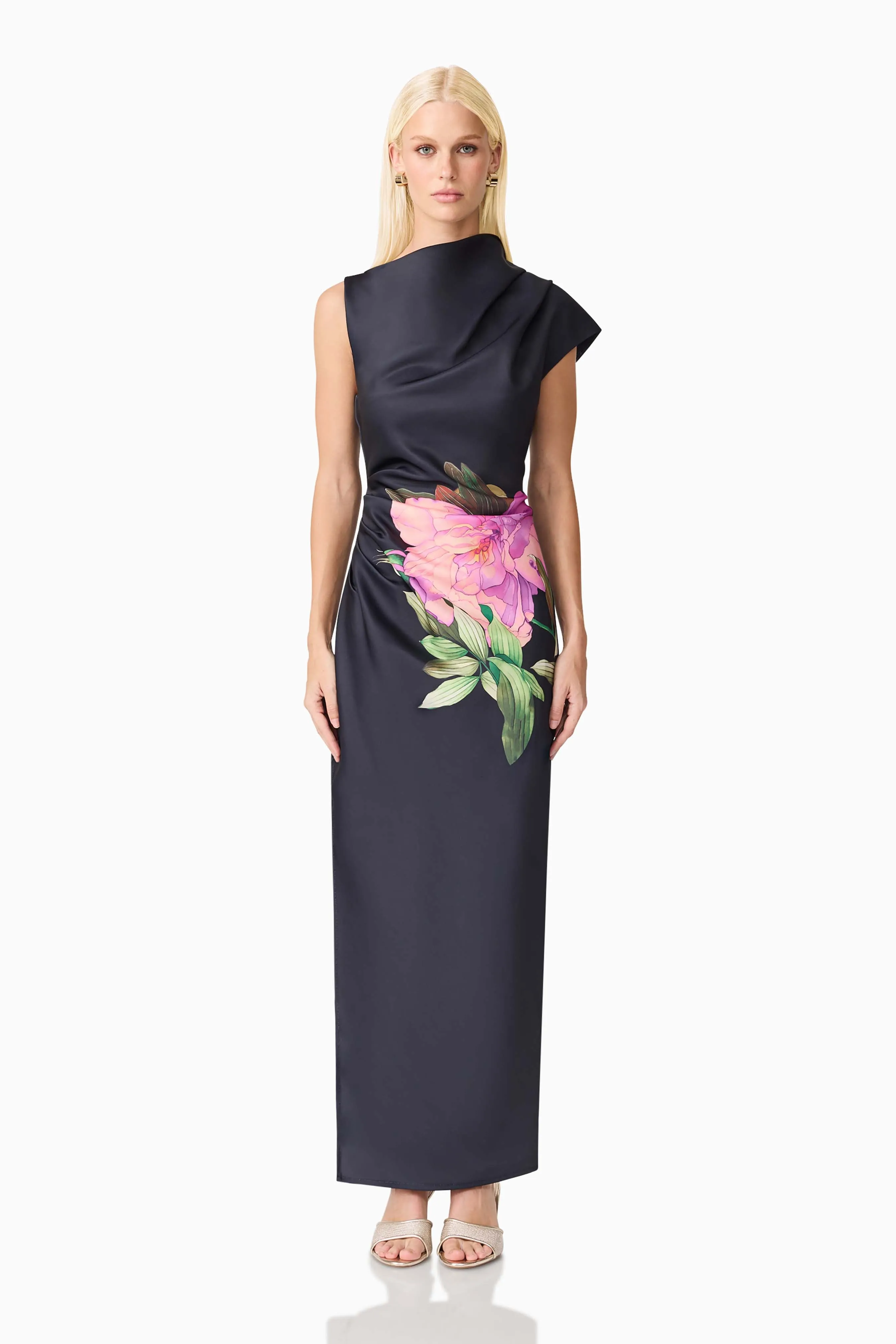 Azelie Asymmetrical Gown in Black sold by Elliatt