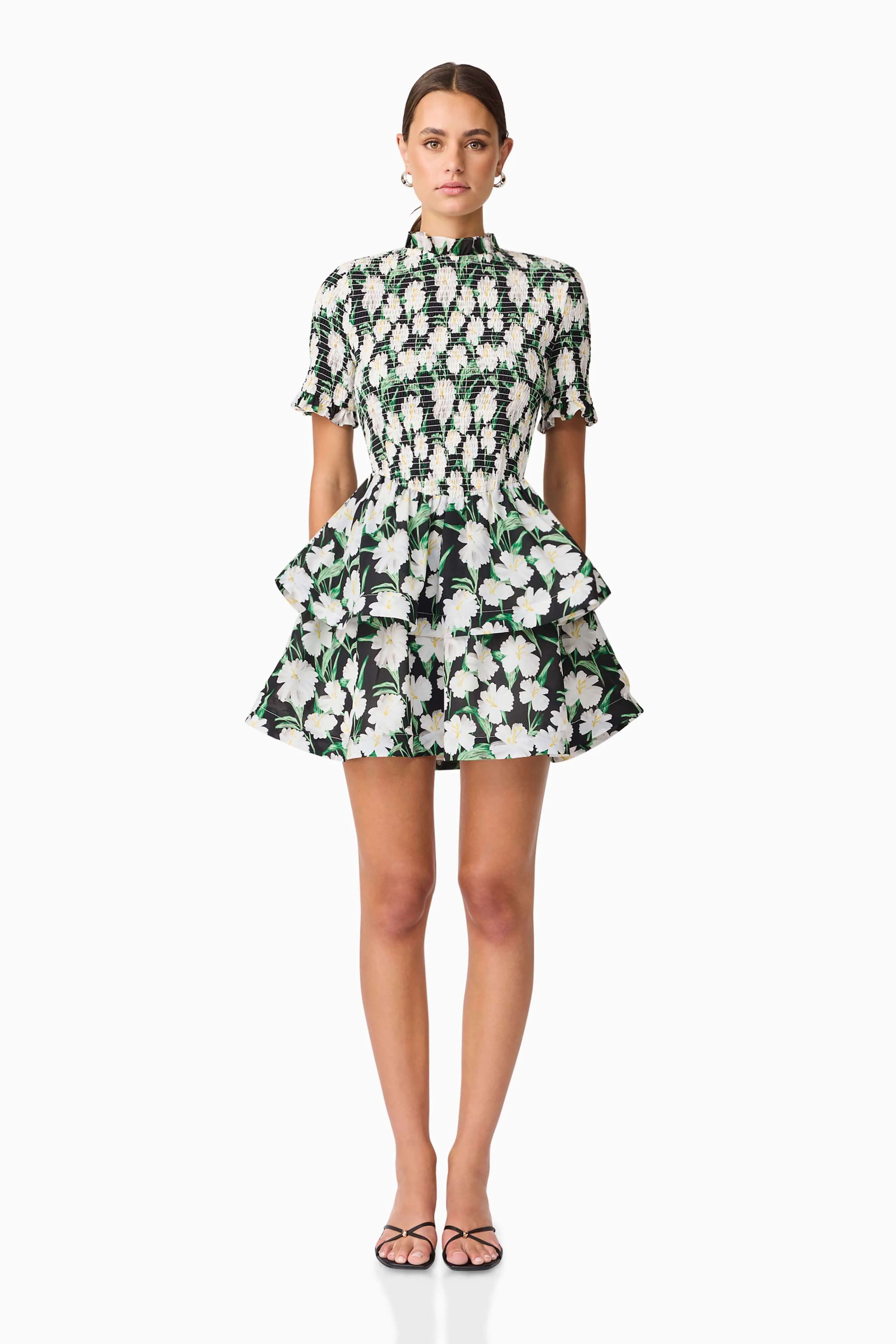 Rosey Short Sleeve Mini Dress in Black Floral sold by Elliatt