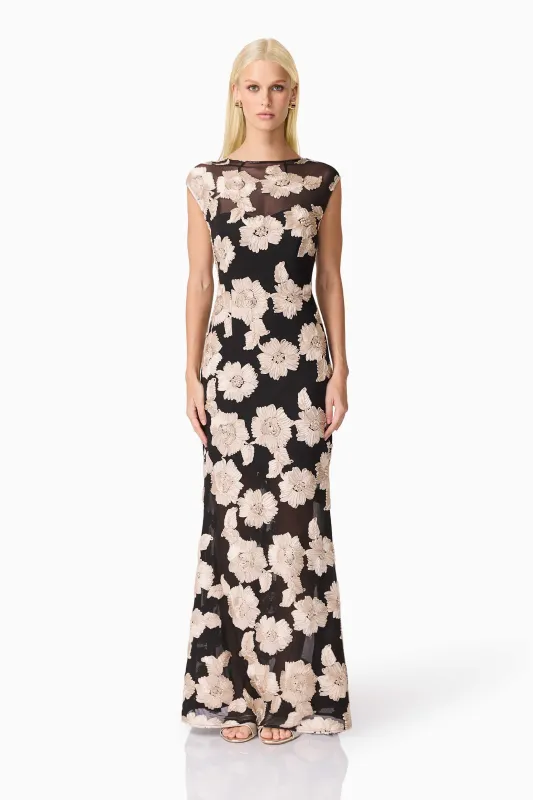 Margaux Fit & Flare Gown in Black & Gold Floral made by Elliatt