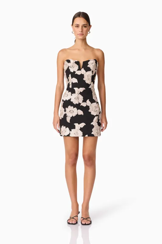 Margaux Strapless Mini Dress in Black & Gold Floral sold by Elliatt