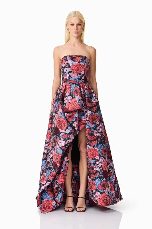 Delphine Strapless Gown in Pink & Black Floral sold by Elliatt