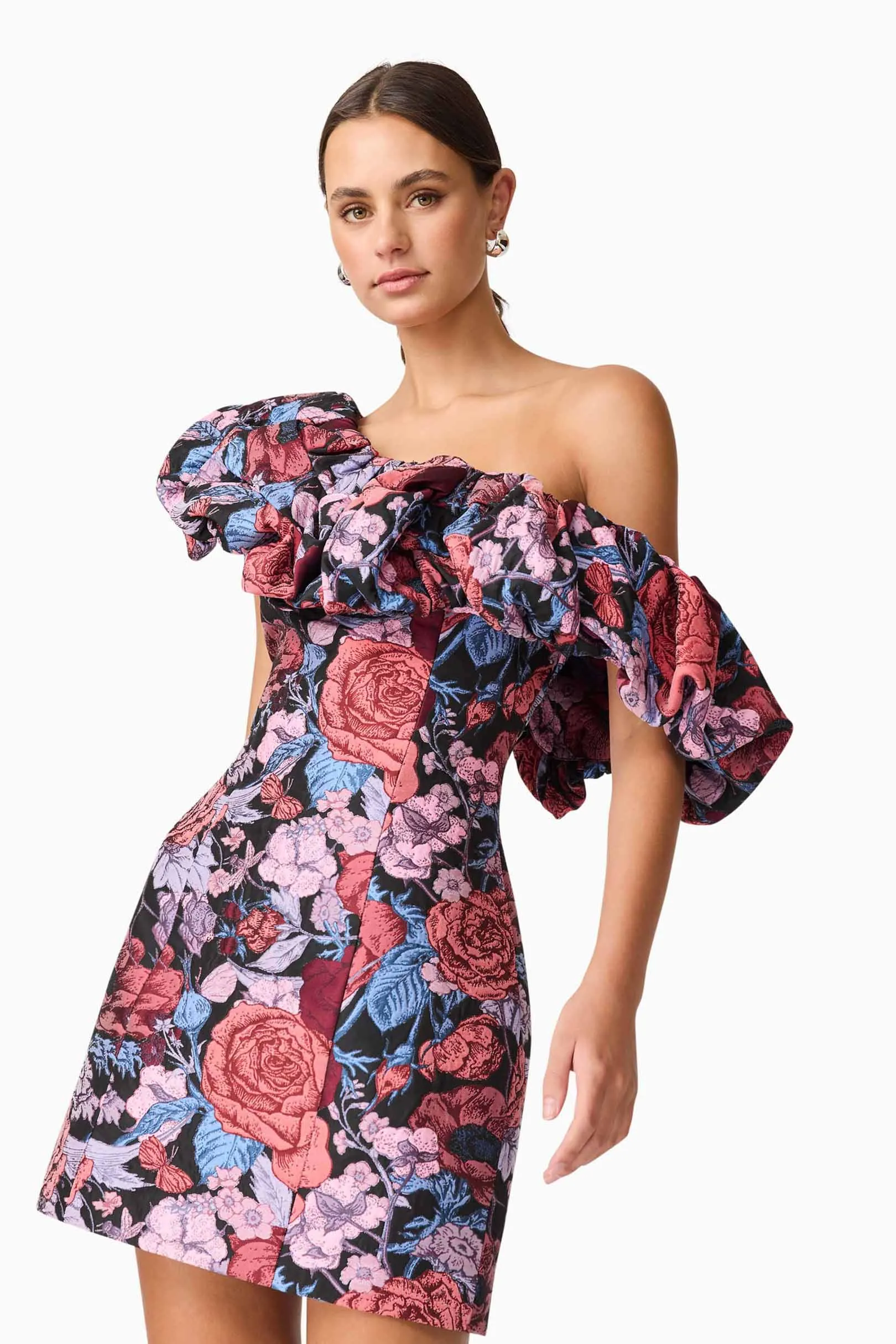 Delphine One Shoulder Mini Dress in Pink & Black Floral sold by Elliatt product image thumbnail 2
