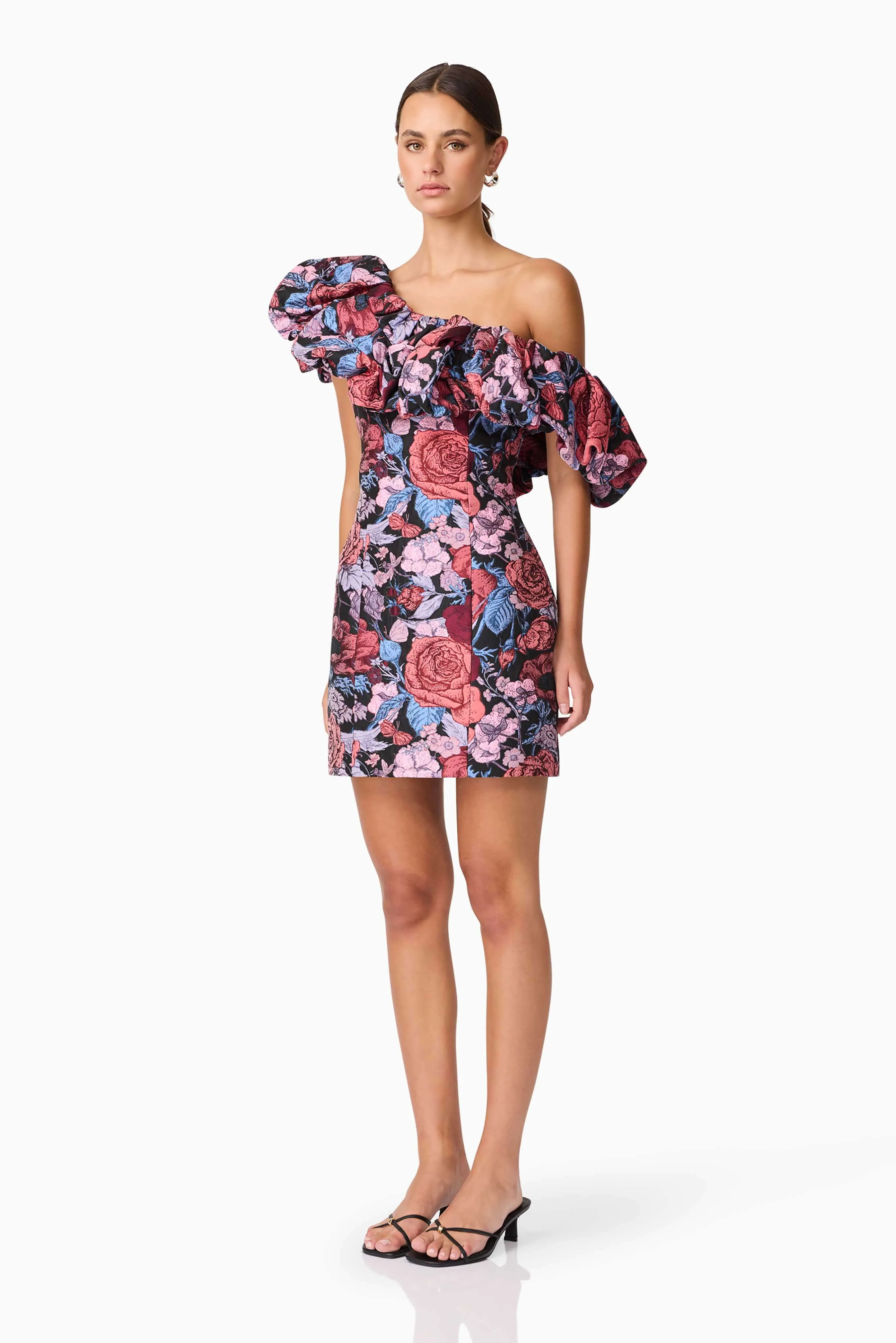 Delphine One Shoulder Mini Dress in Pink & Black Floral sold by Elliatt product image thumbnail 3