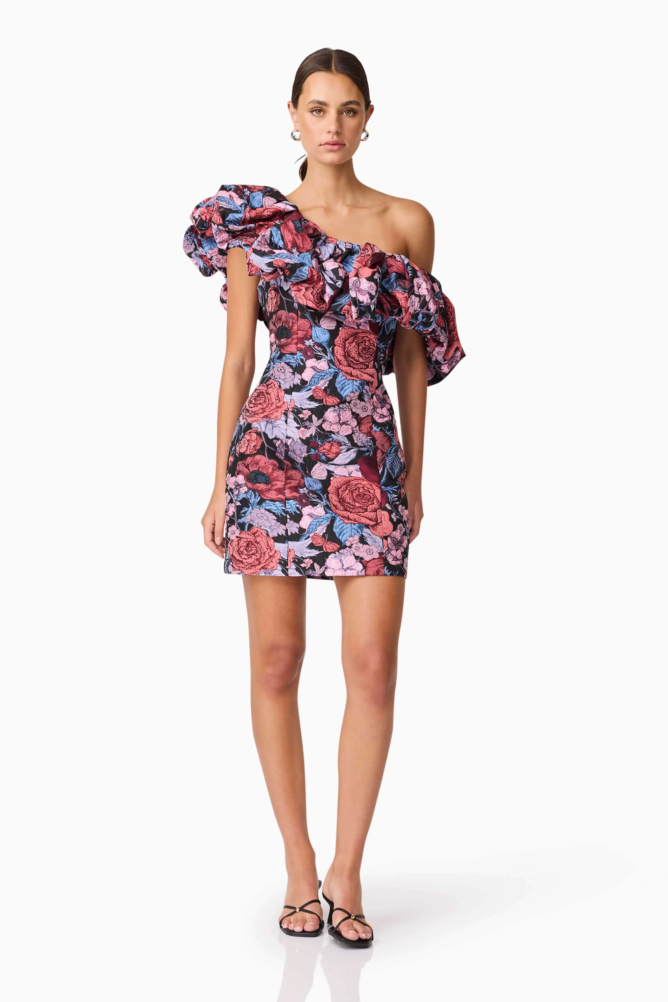 Delphine One Shoulder Mini Dress in Pink & Black Floral sold by Elliatt product image thumbnail 4