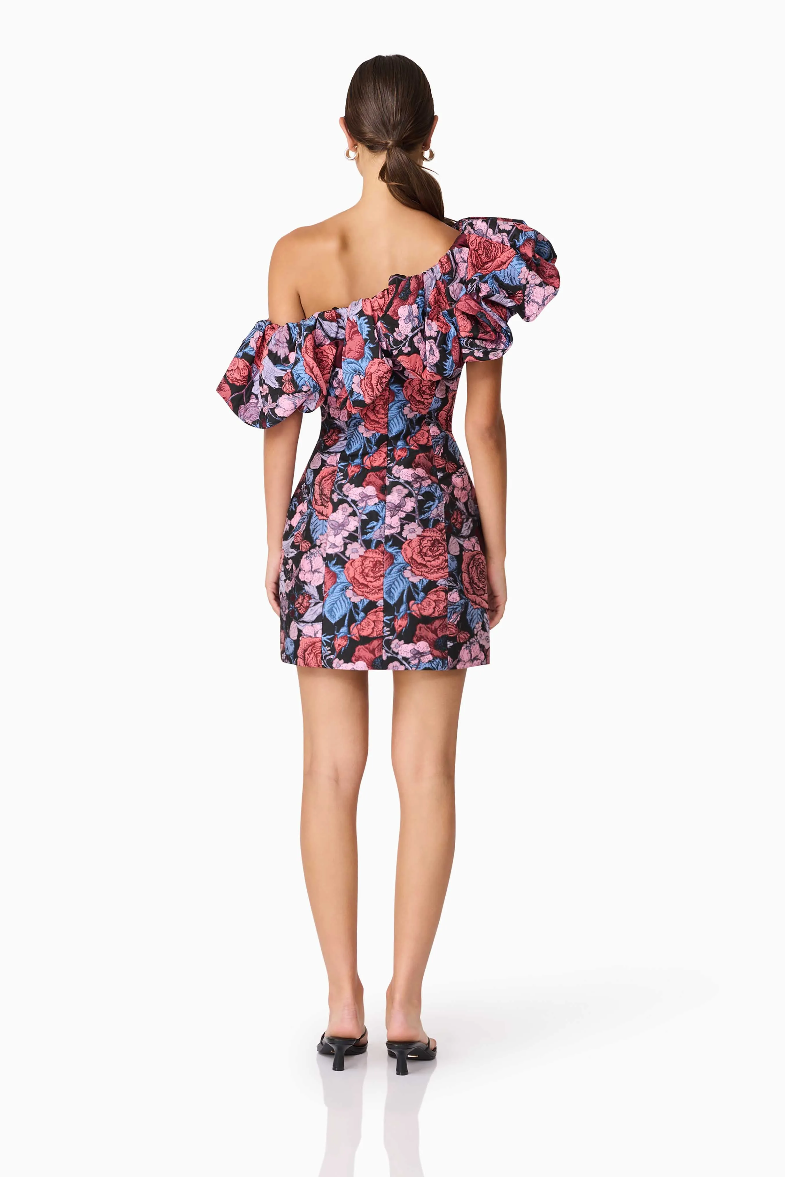 Delphine One Shoulder Mini Dress in Pink & Black Floral sold by Elliatt product image thumbnail 5