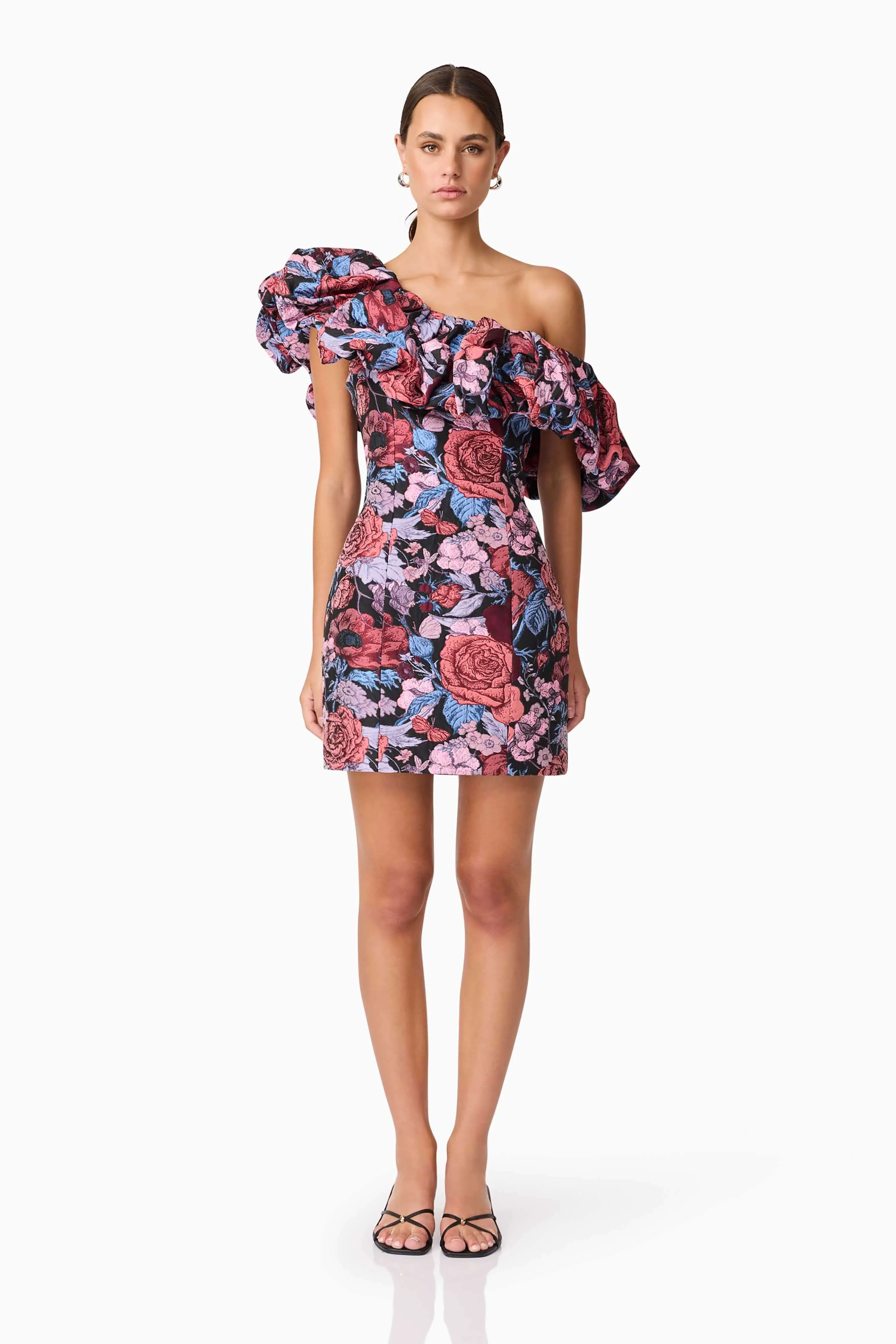 Delphine One Shoulder Mini Dress in Pink & Black Floral sold by Elliatt