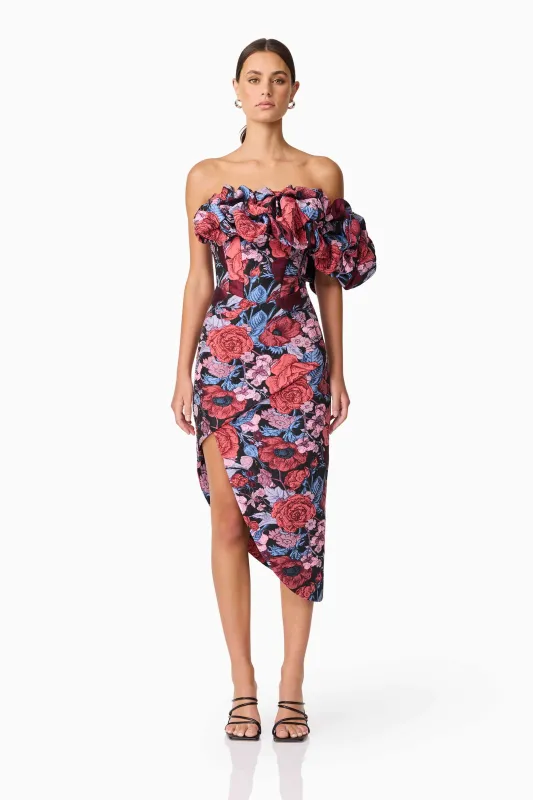 Delphine Off The Shoulder Midi Dress in Pink & Back Floral sold by Elliatt