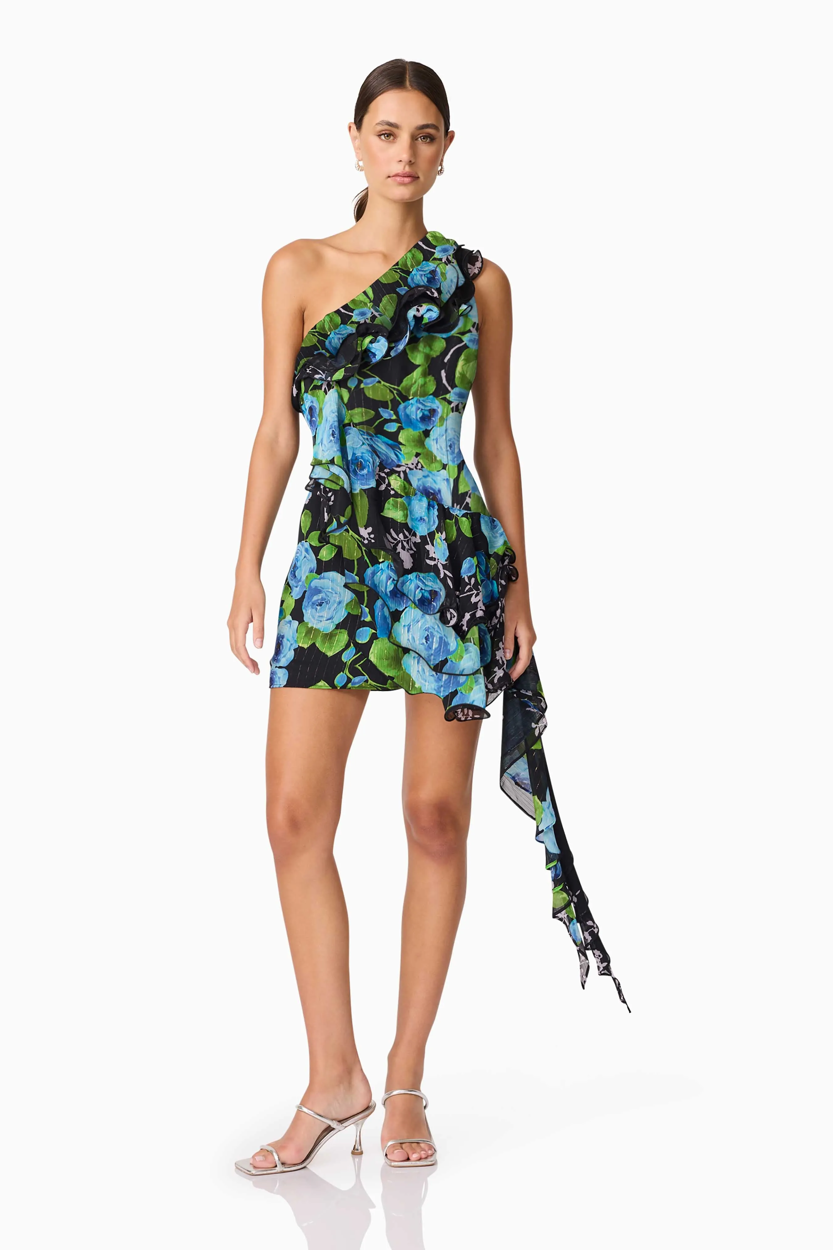 Briony Asymmetrical Mini Dress in Black & Blue Floral sold by Elliatt product image thumbnail 4