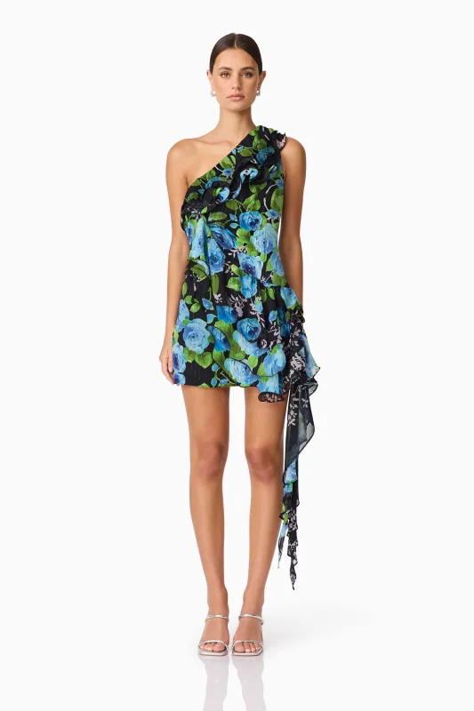 Briony Asymmetrical Mini Dress in Black & Blue Floral sold by Elliatt