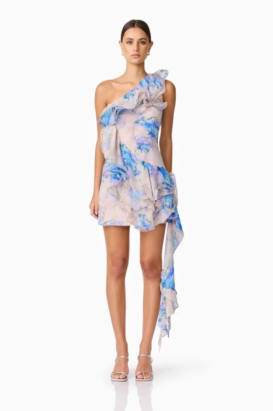 Briony Asymmetrical Mini Dress in Pink & Blue Floral sold by Elliatt