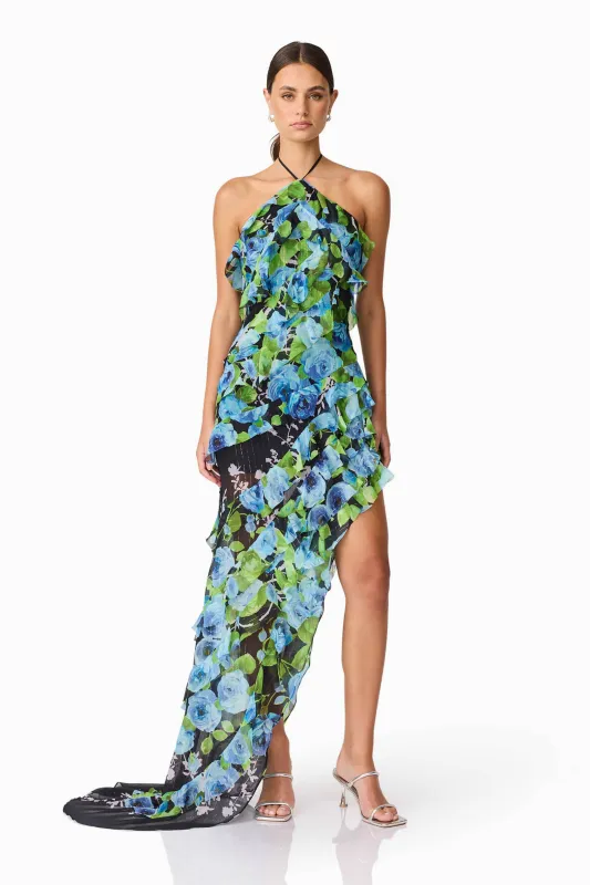 Briony Asymmetrical Maxi Dress in Black & Blue Floral sold by Elliatt