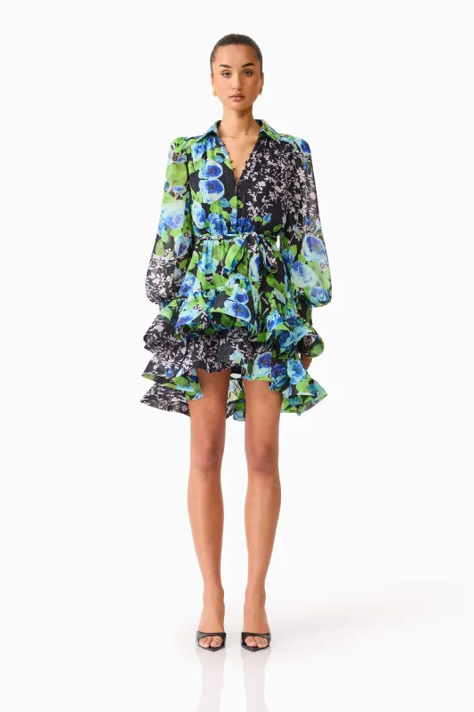 Briony Long Sleeve Mini Dress in Black Floral sold by Elliatt