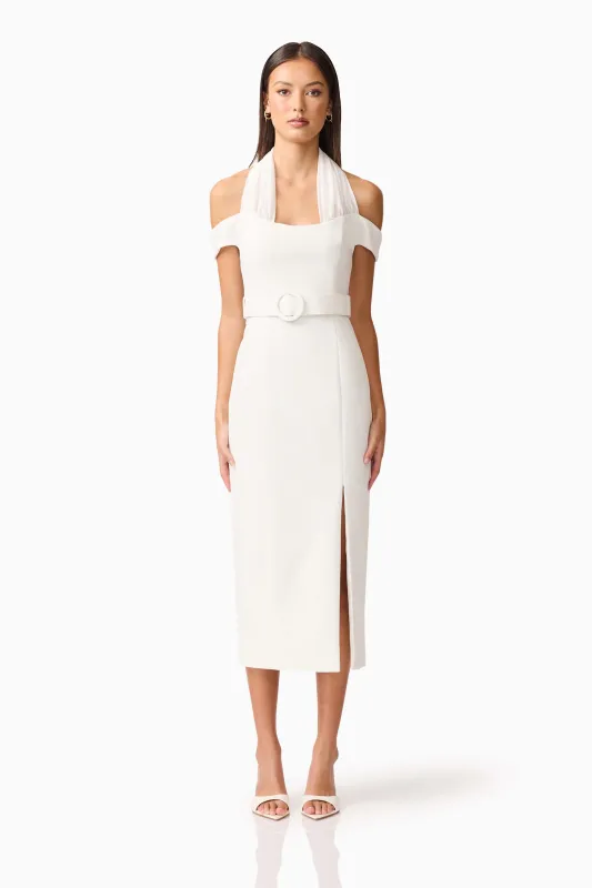 Ruby Halter Midi Dress in White sold by Elliatt